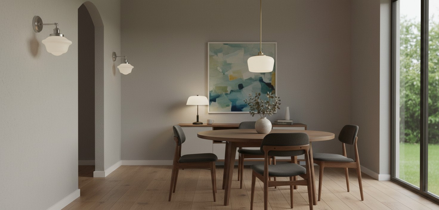 Dining room scene with coordinating lighting products