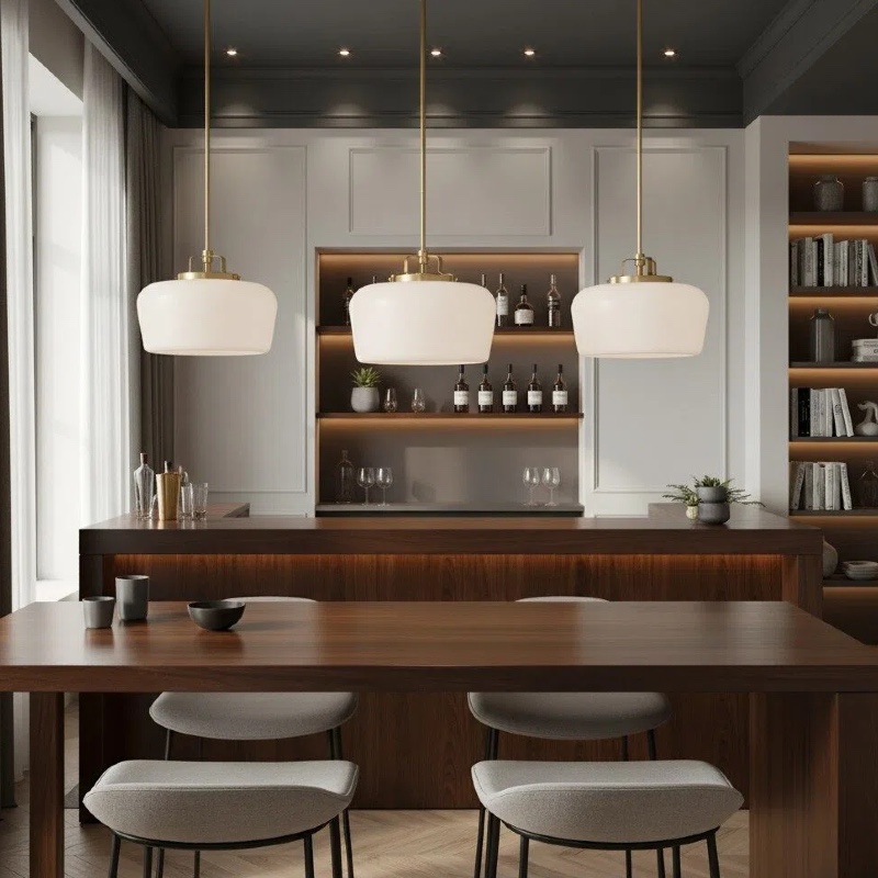 Three pendant lights over a kitchen island