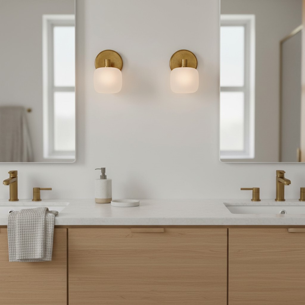 Pair of frosted glass wall sconces above a bathroom vanity