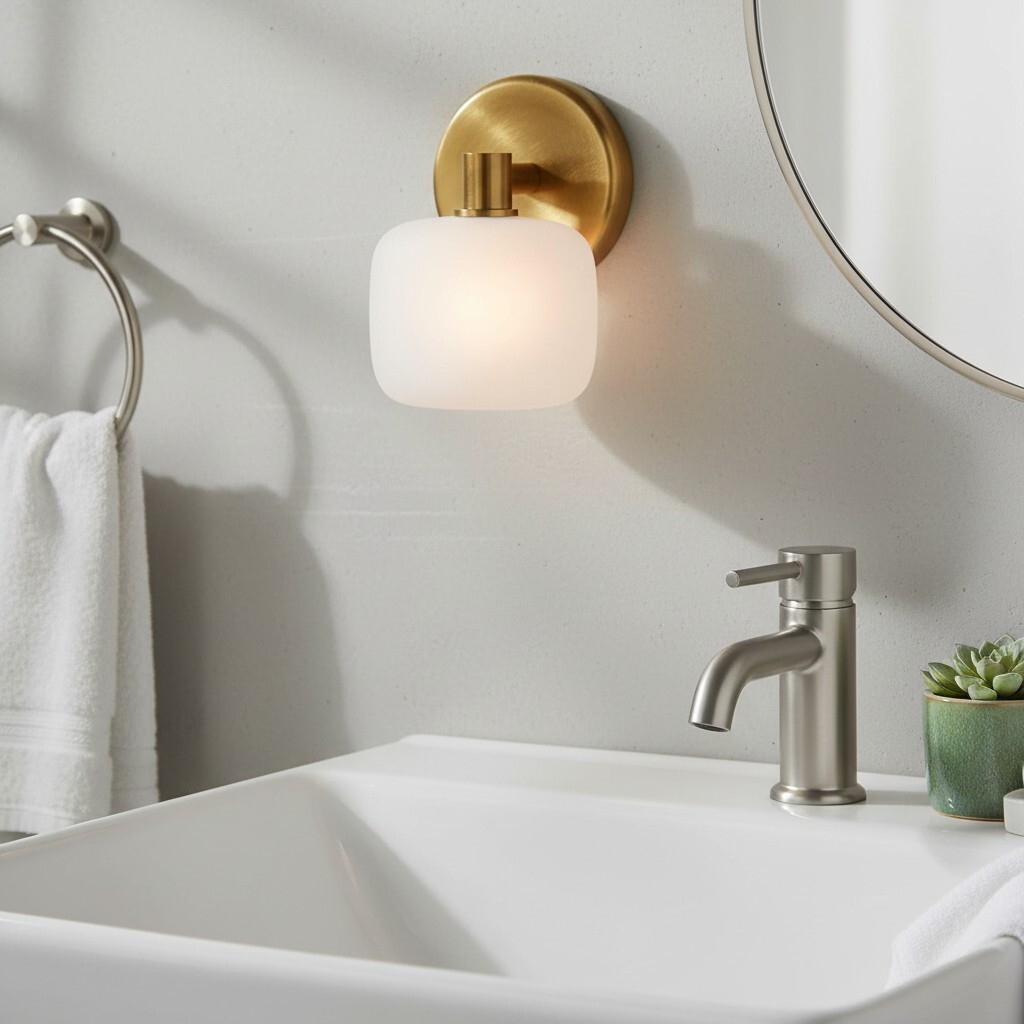 Lirra frosted glass wall sconce near a bathroom sink