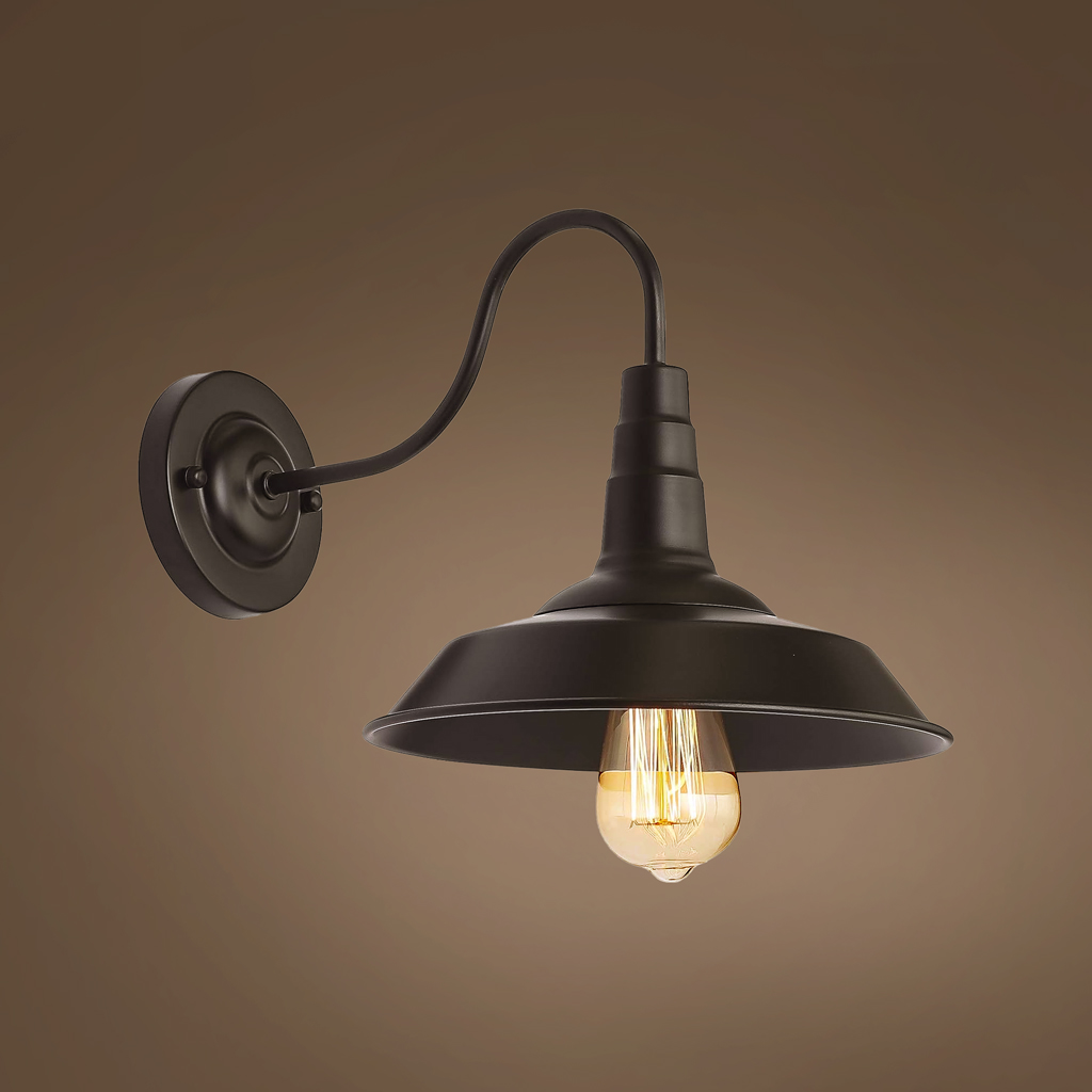 Black gooseneck wall lamp with warm bulb