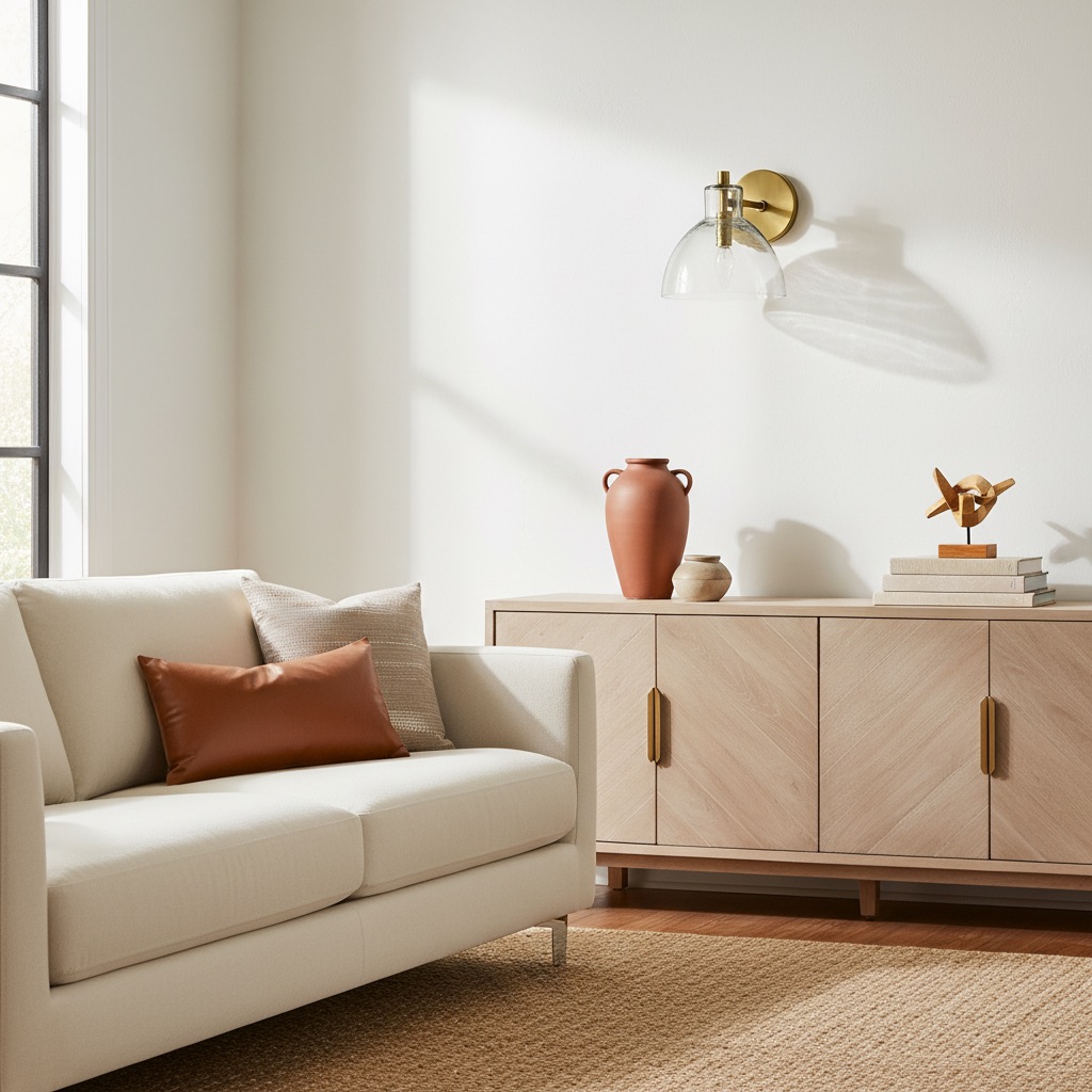 Glavira wall sconce installed above a living room cabinet