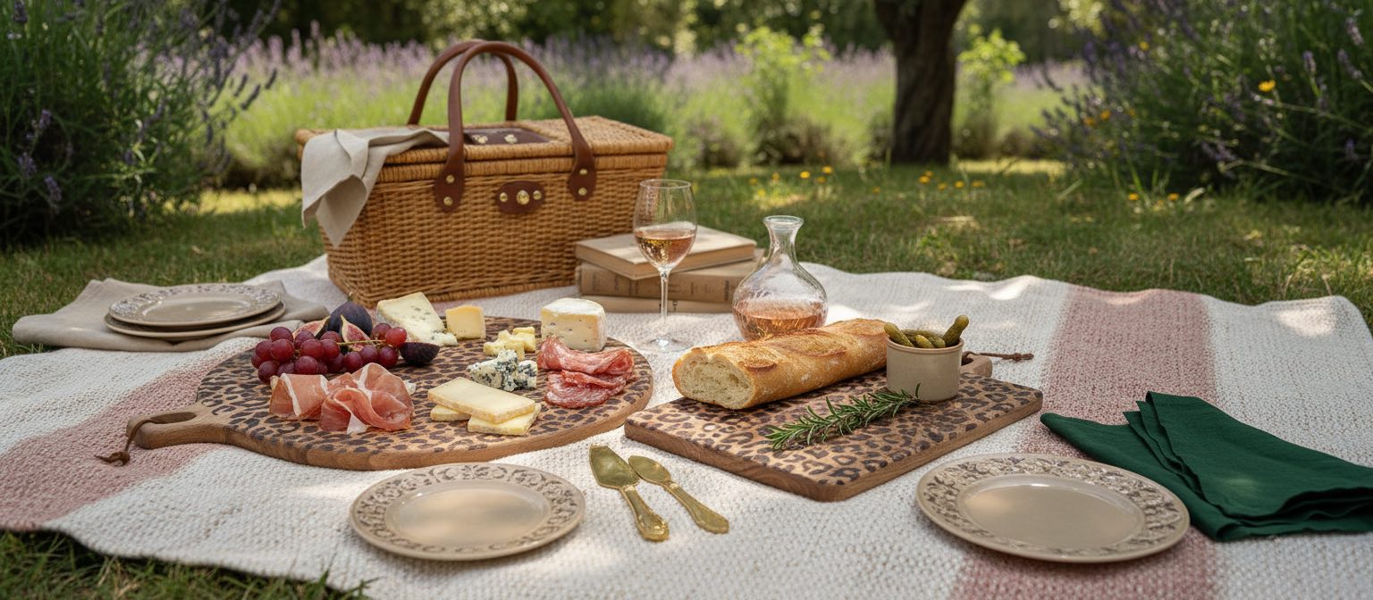 Lepwood leopard print serving board styled outdoors with food