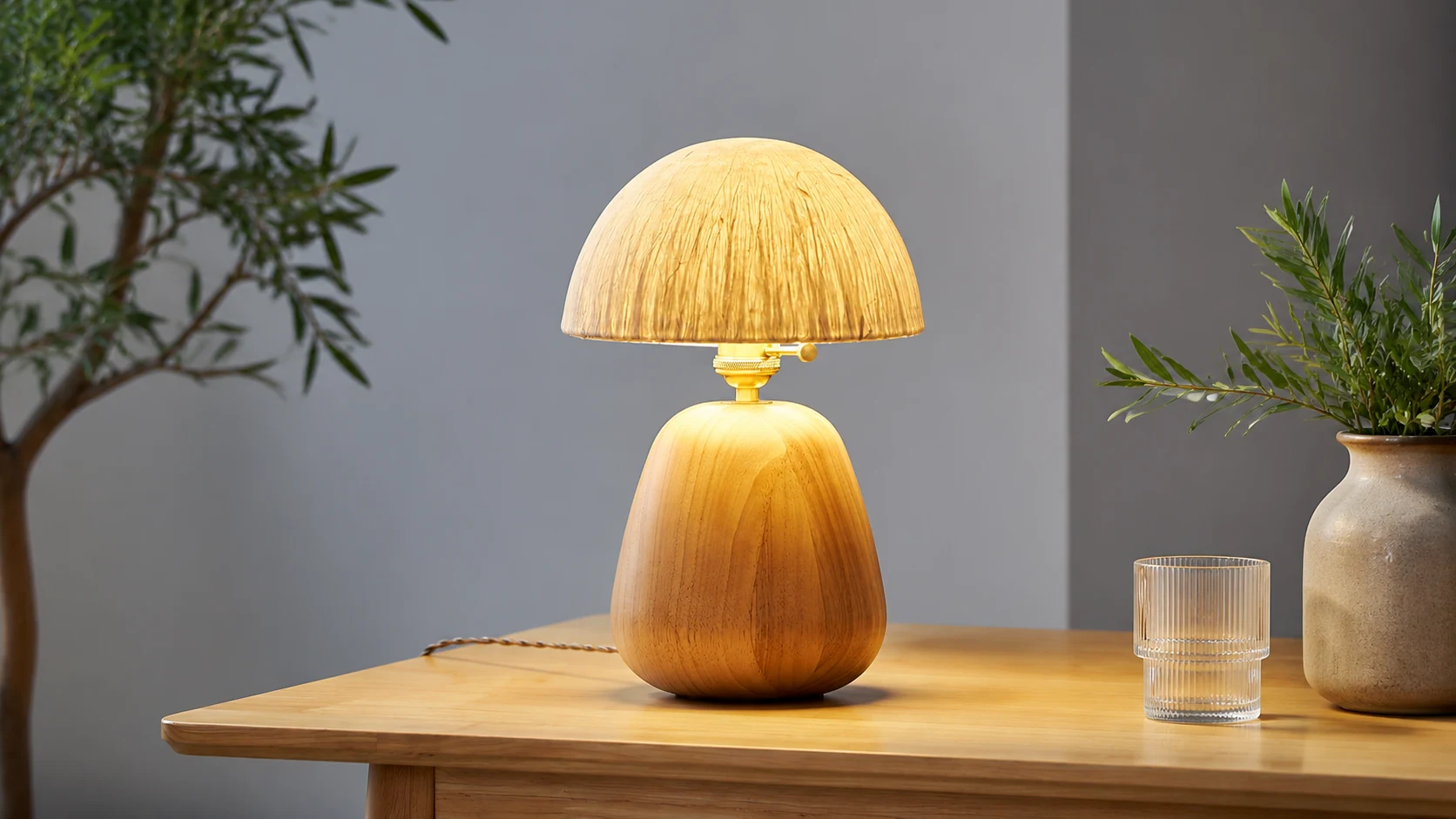 Percy Oak Table Lamp in a warm tabletop interior scene