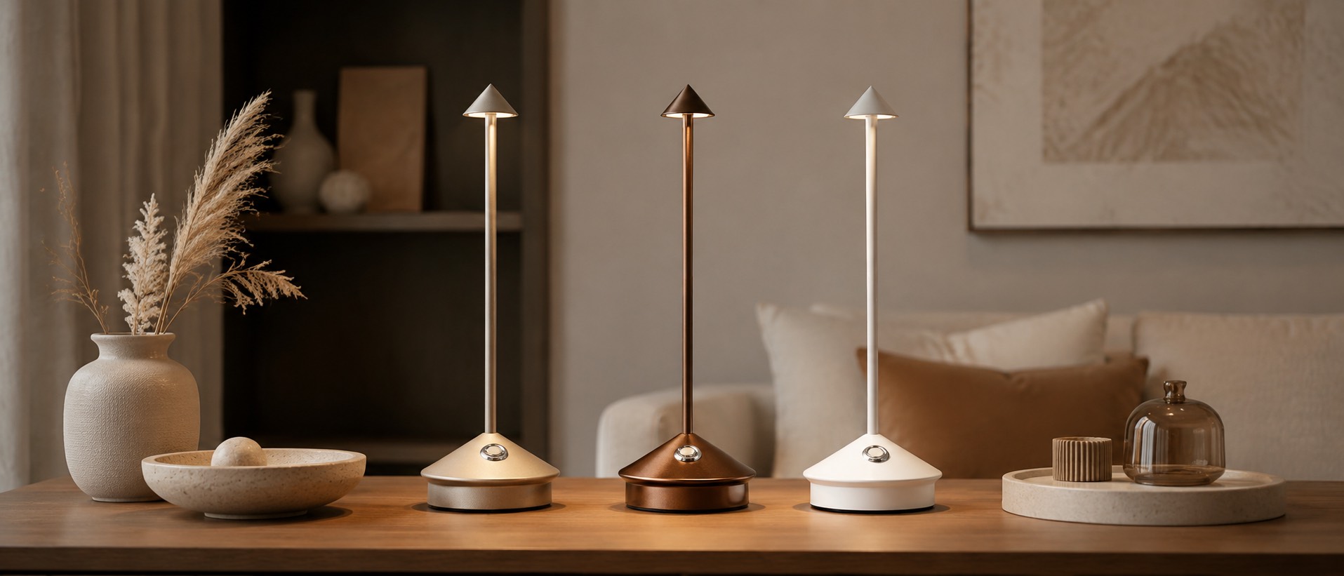 Glimma portable LED lamp in a warm interior setting