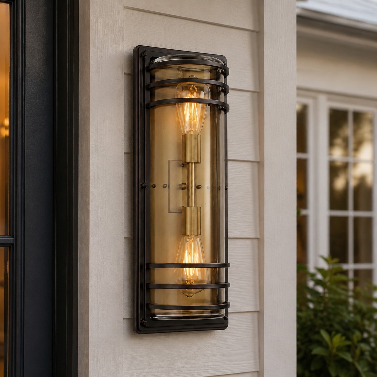 Large bronze glass outdoor wall sconce installed on a porch wall