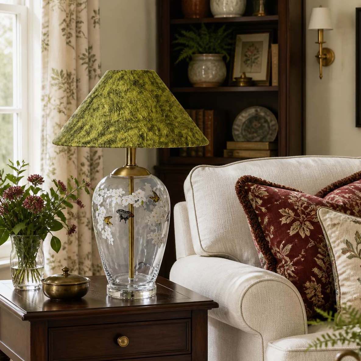 Floral glass table lamp on a living-room side table in daylight