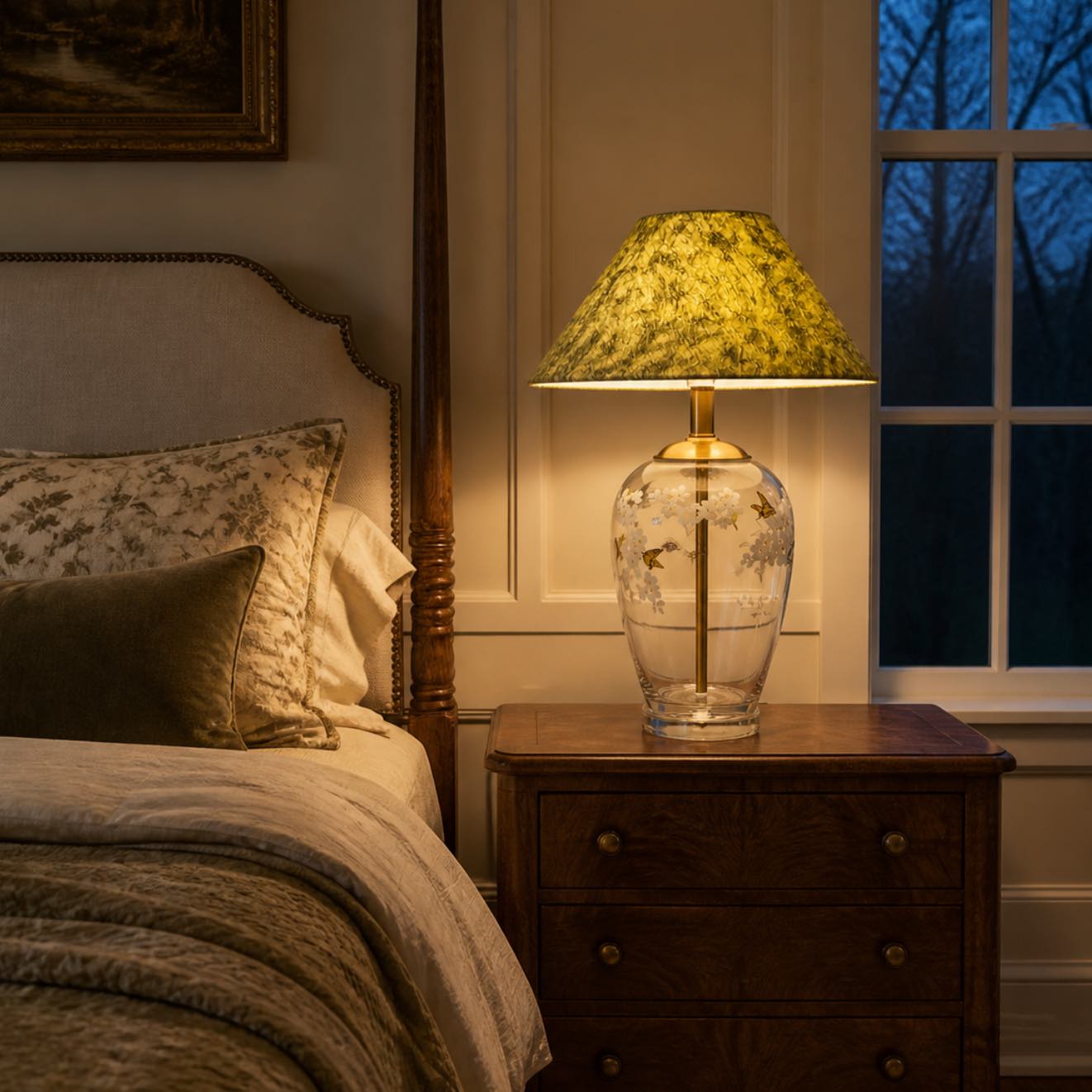 Floral glass table lamp glowing on a bedroom nightstand at blue hour