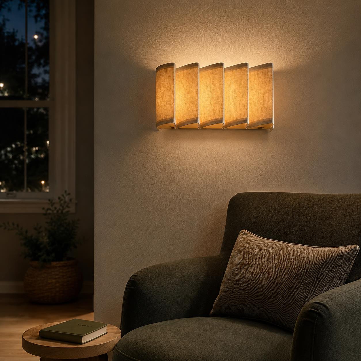 Natural linen wave wall sconce beside a dark green reading chair