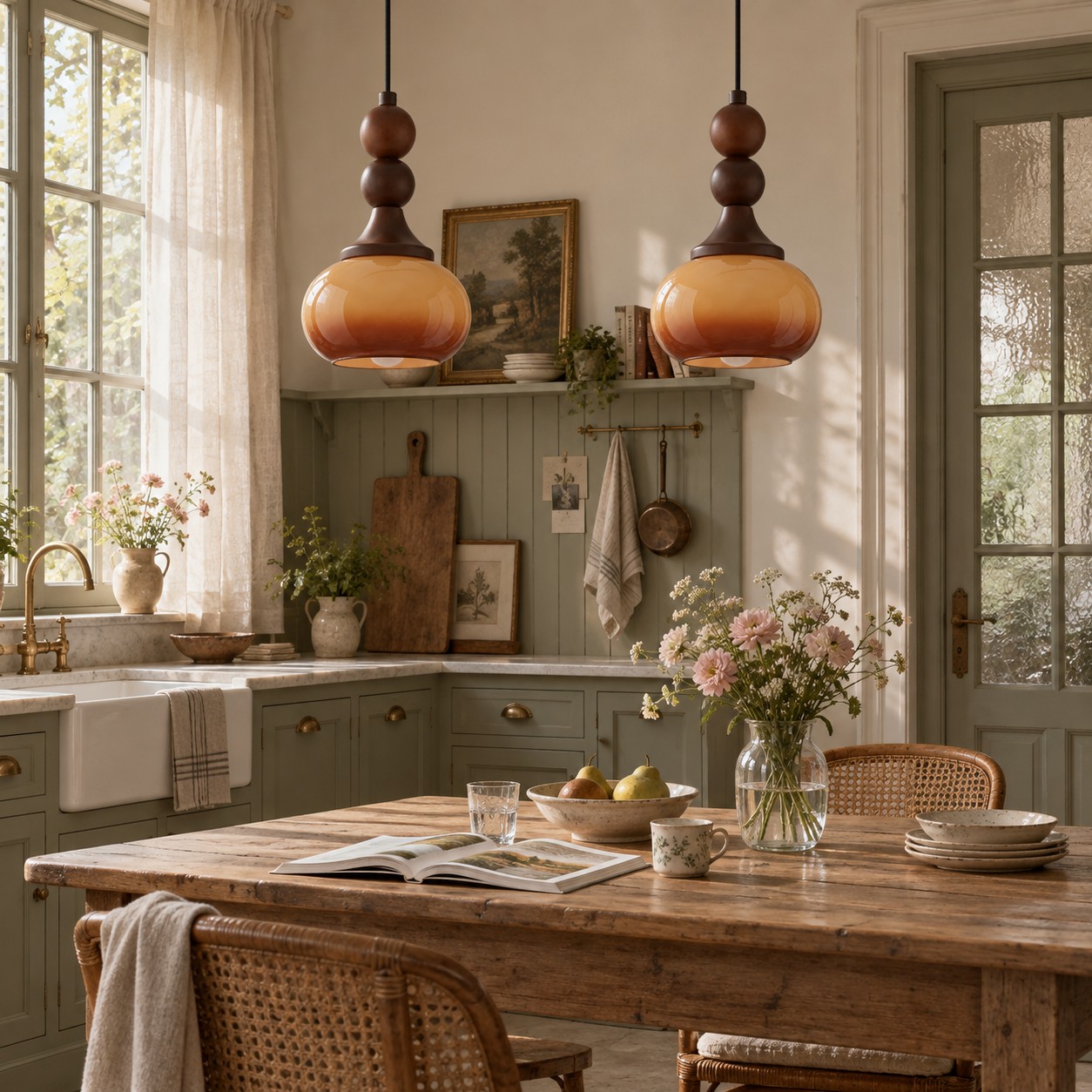 Brown glass pendants over a kitchen dining table