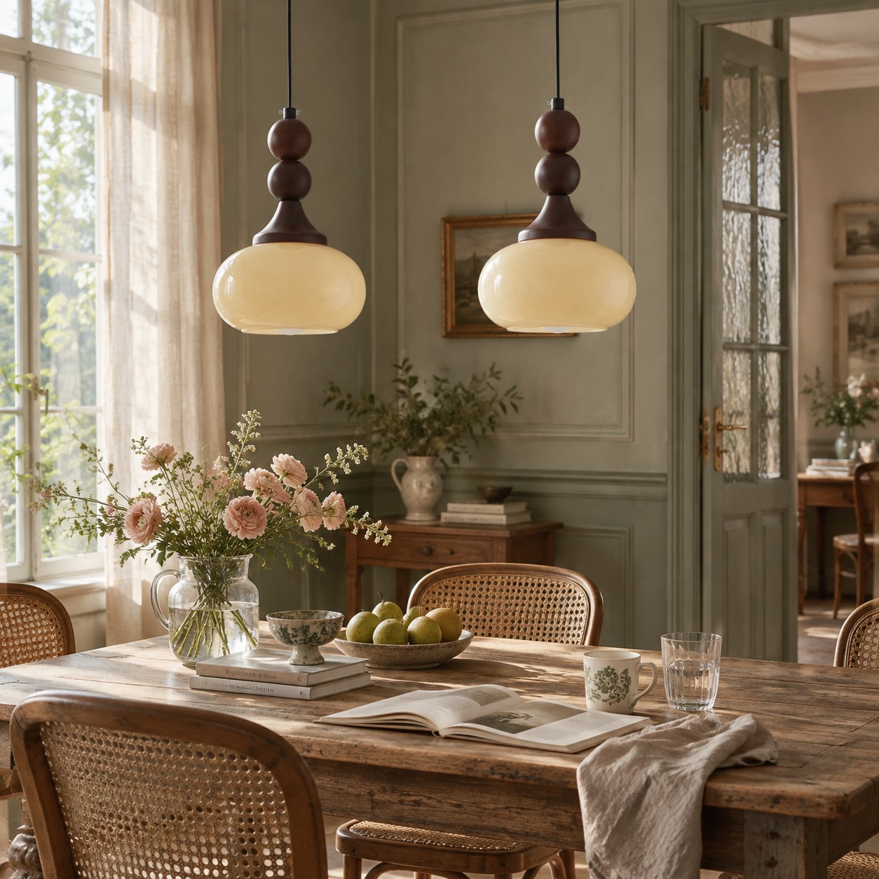 Cream glass pendants over a dining table