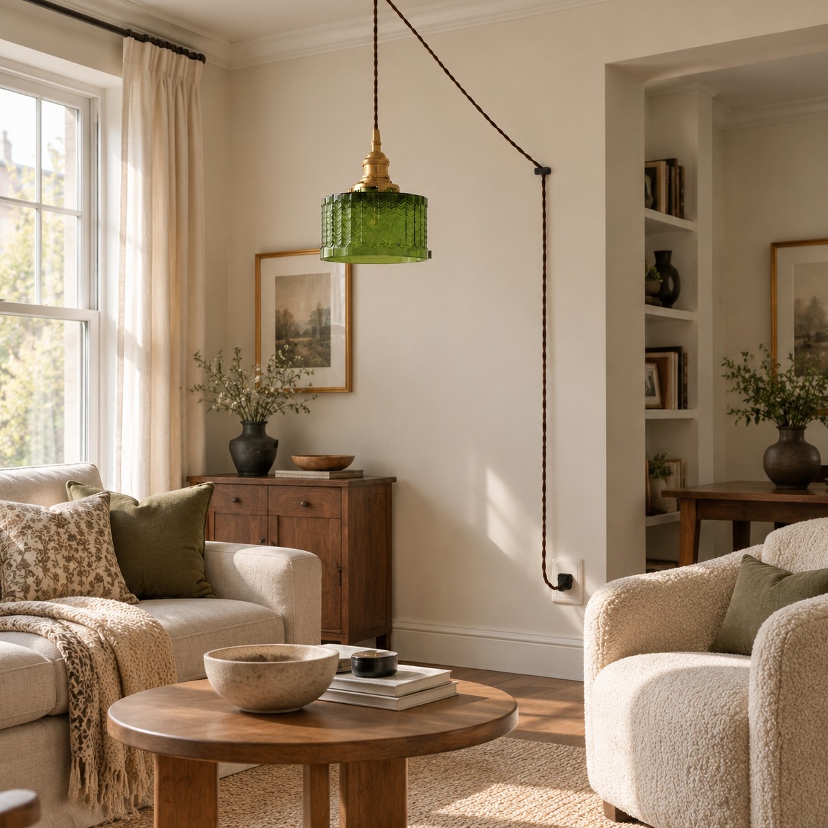 Suspension plug-in en verre vert Cavella dans un salon à la lumière du jour