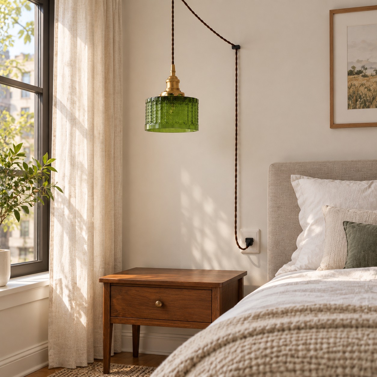 Suspension en verre vert Cavella centrée à côté d'un lit au style doux à la lumière du jour