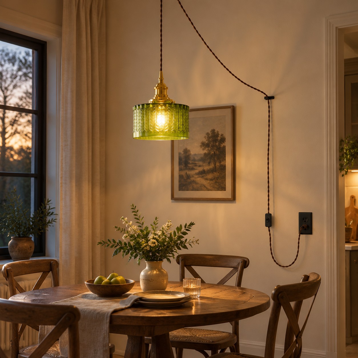 Suspension en verre vert Cavella qui brille au-dessus d'une table à manger chaleureuse en soirée