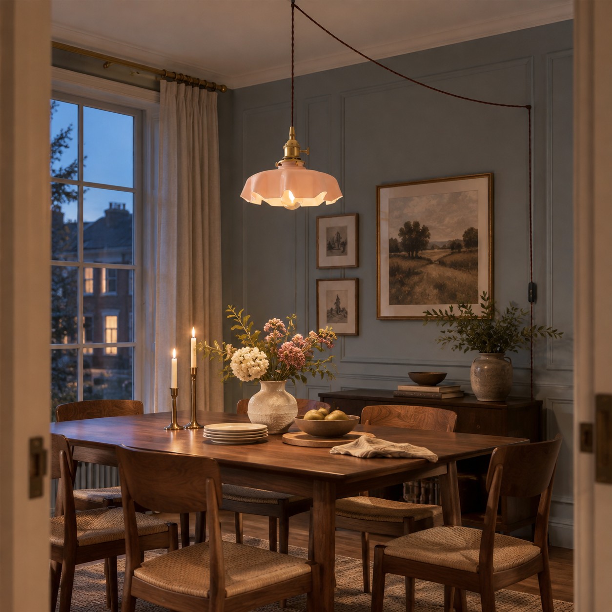 Suspension en verre à fleurs roses au-dessus d'une table à manger la nuit