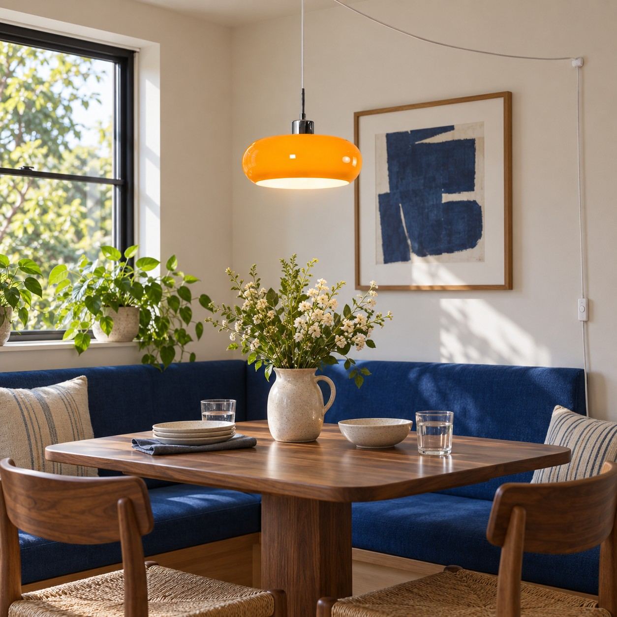 Suspension à brancher Orange Potivus au-dessus d'une table à manger