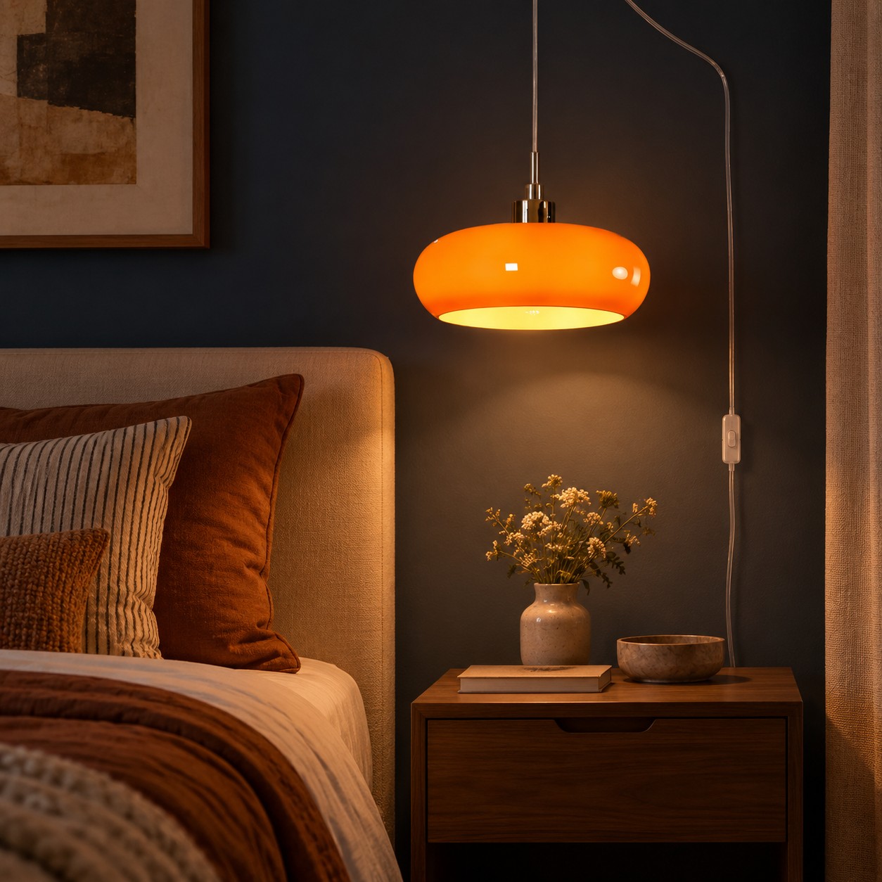 Suspension Potivus orange foncé à brancher près d'un lit