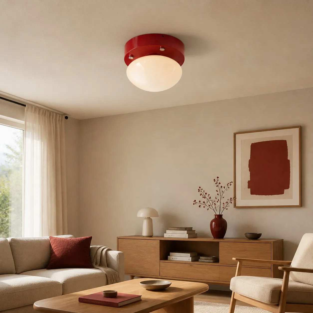 Red glass LED ceiling light in a warm modern living room