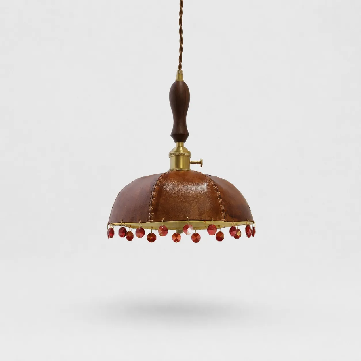 Vintage brown leather dome pendant lamp with red crystal drops