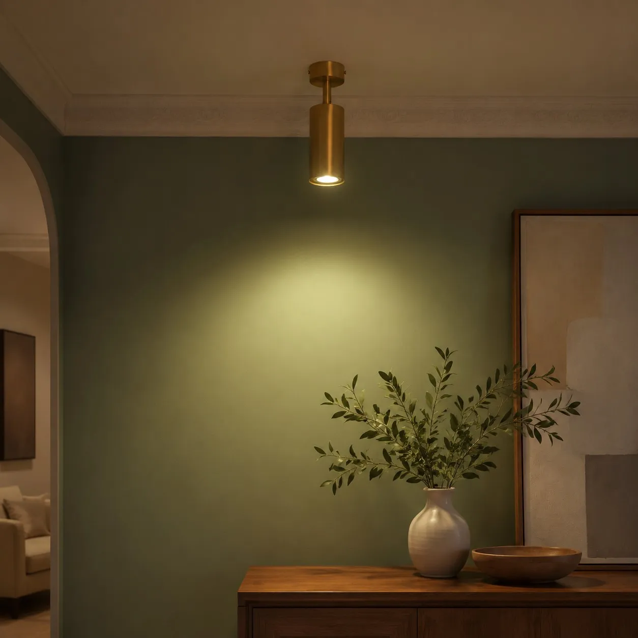 Brass ceiling spotlight installed above a console wall