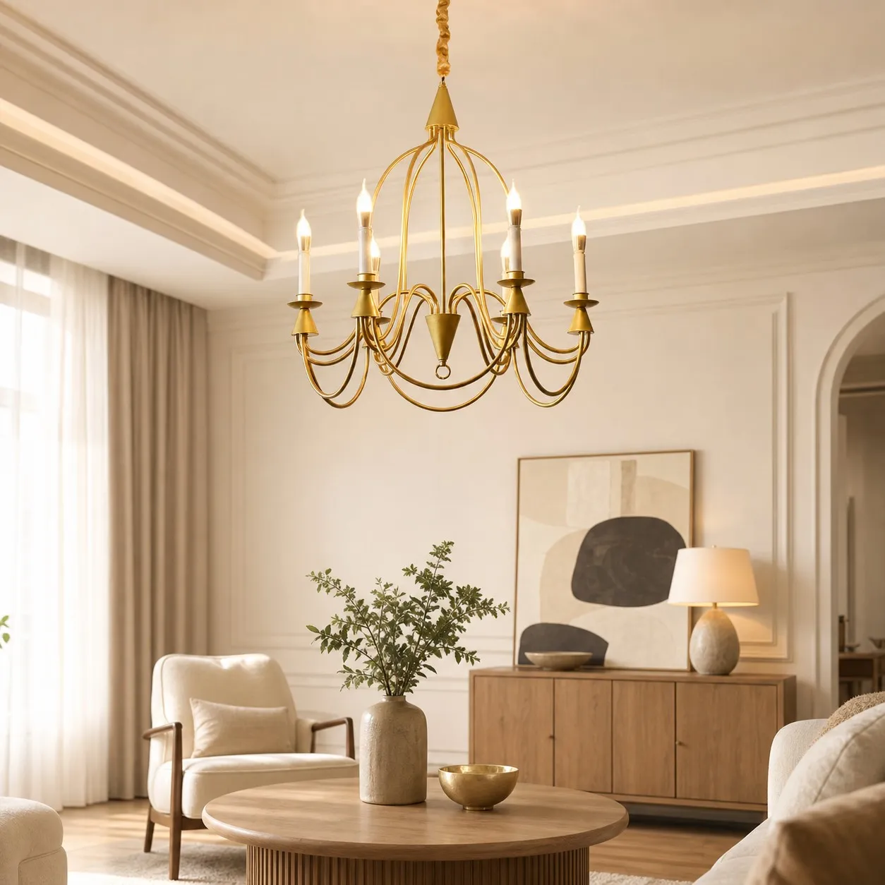 Gold six-light candle chandelier in a warm living space