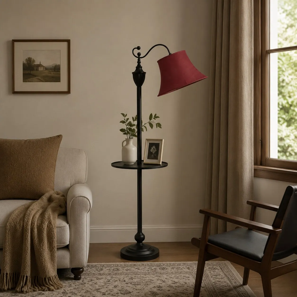 Burgundy shade floor lamp beside a sofa in a warm reading corner