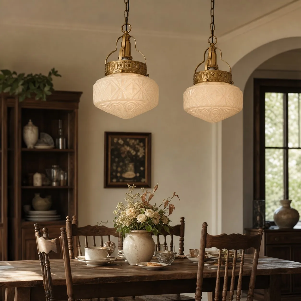 Pair of embossed glass pendant lights above a dining table