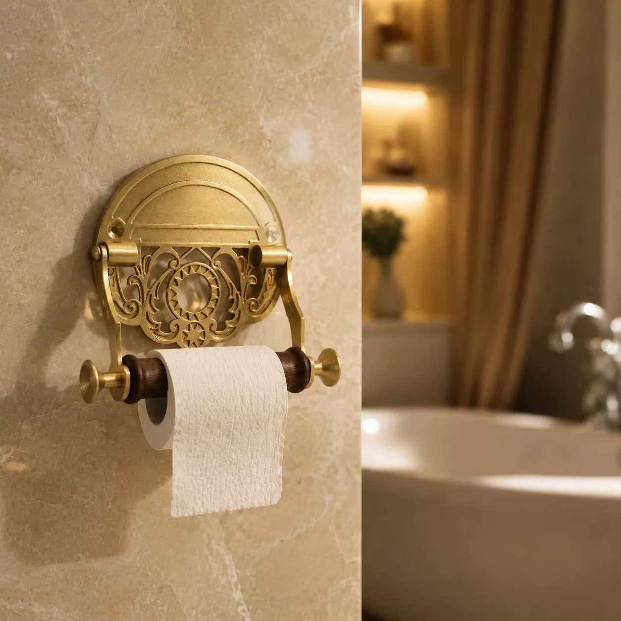 Installed antique brass toilet paper holder with roll