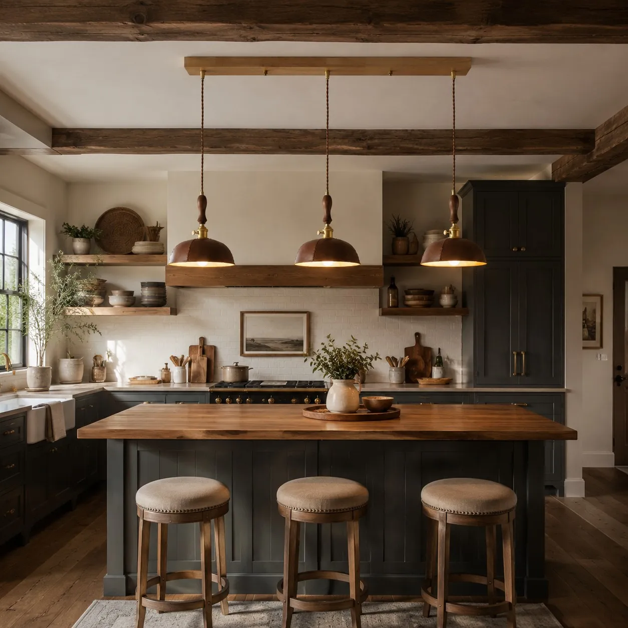 Vintage brown three-light pendant in a kitchen