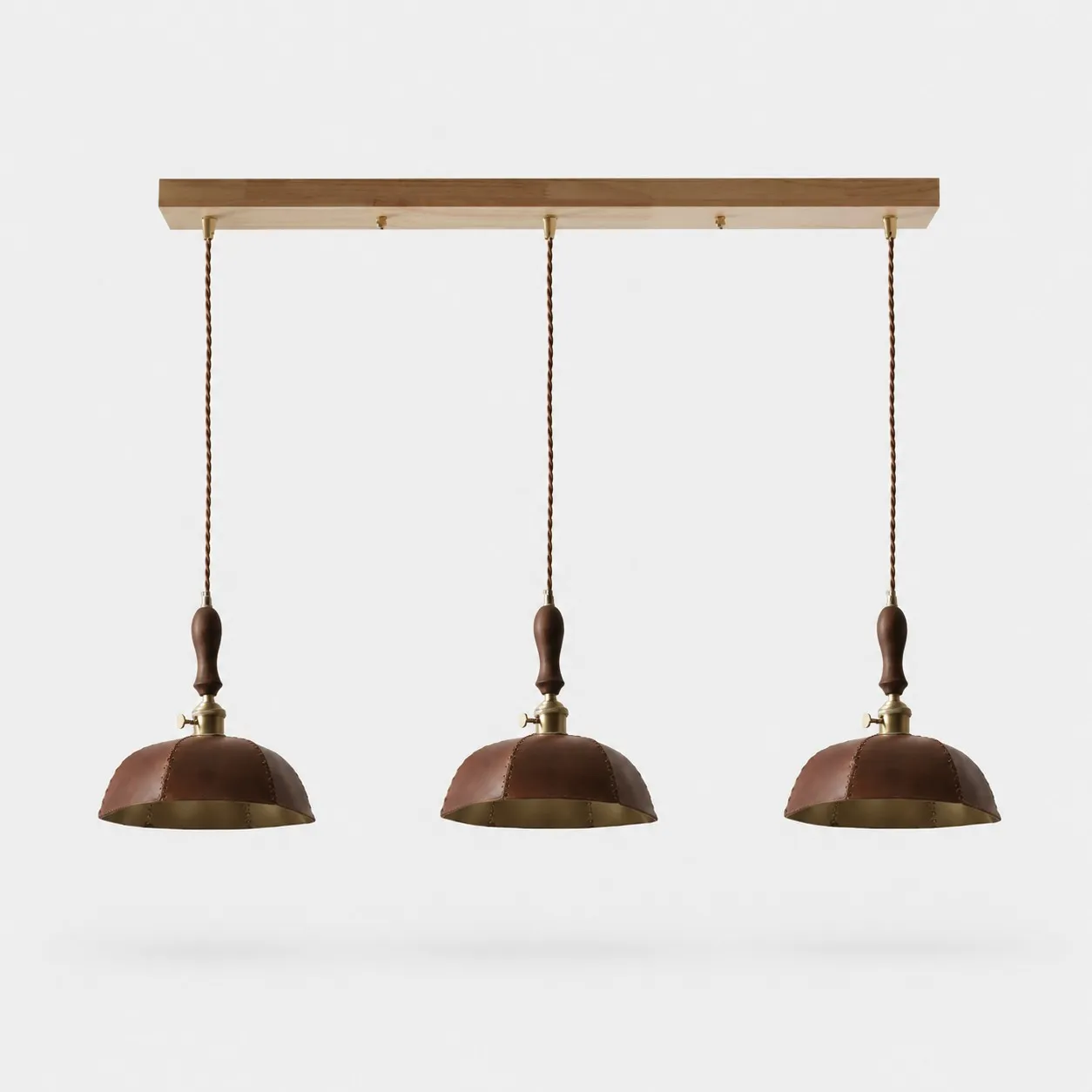 Vintage brown three-light leather bar pendant without crystal drops