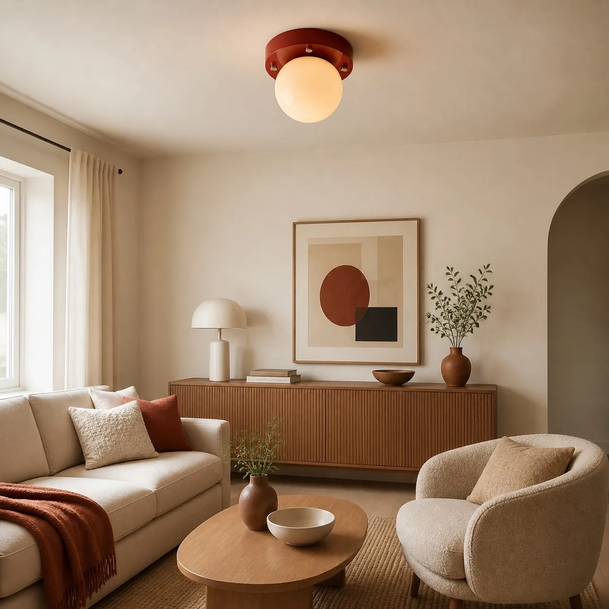 Memphis red LED ceiling light above a calm living area