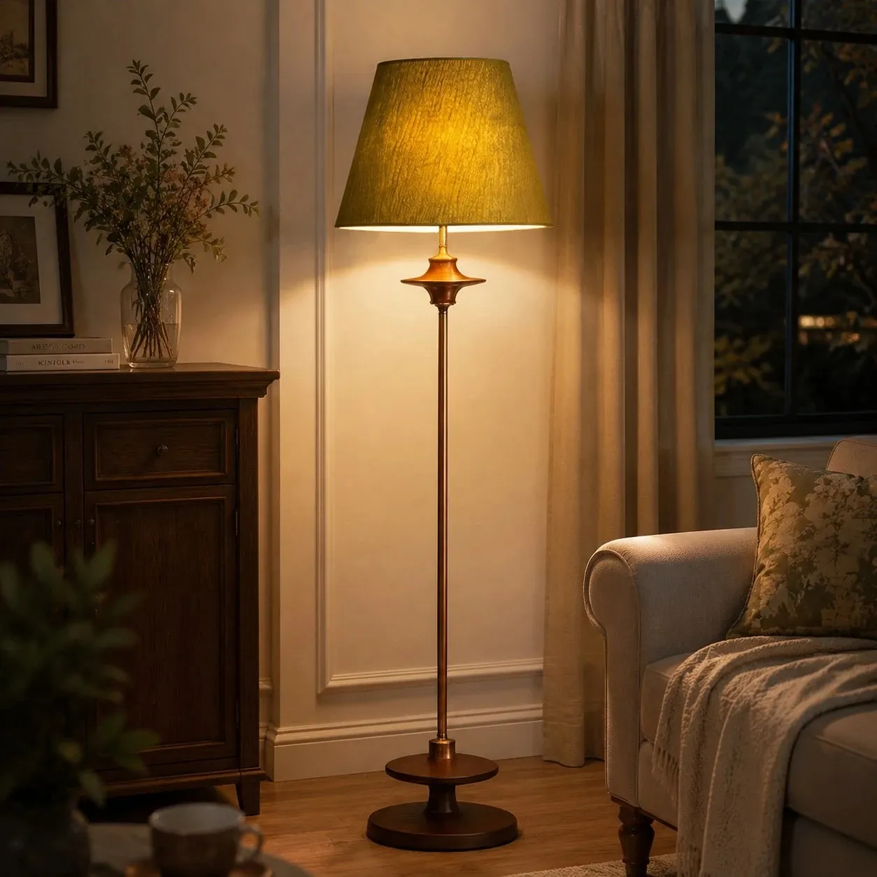 Warm vintage floor lamp in evening living room