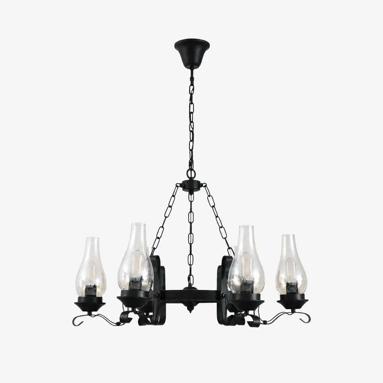 Six-light black iron chandelier with clear hurricane glass shades