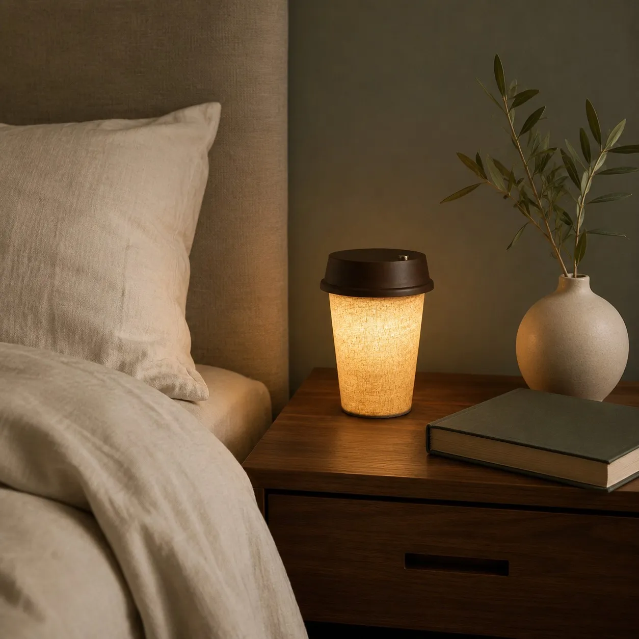 Rechargeable coffee-cup table lamp in a warm bedroom setting