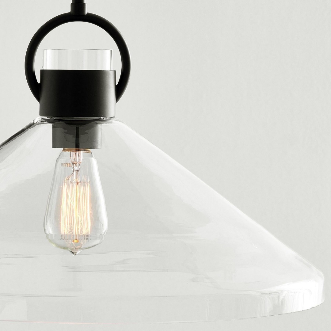 Close-up of black Orvessa pendant light shade and bulb